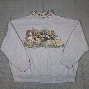 VTG Dog Cat Turtleneck Sweatshirt Women Large Flowers Kitten Cottage Grandmacore